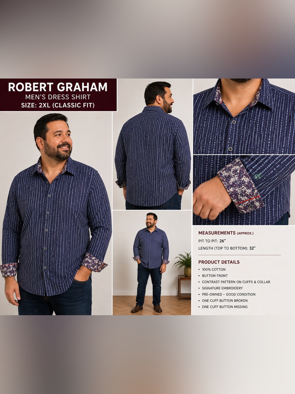 Robert Graham Men’s 2XL Classic Fit Blue Geometric Long Sleeve Button Up Shirt